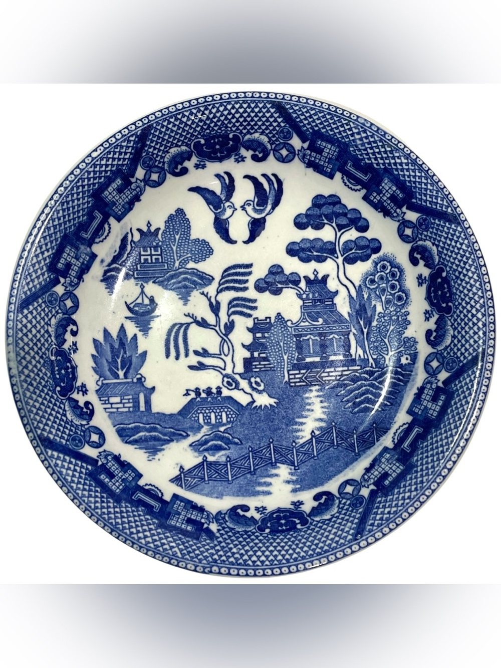 Vintage 1960s Blue Willow Porcelain Dish Made in Japan - Birds & Pagoda Scenery